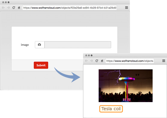 Deployed webpage identifying an uploaded image of a Tesla coil